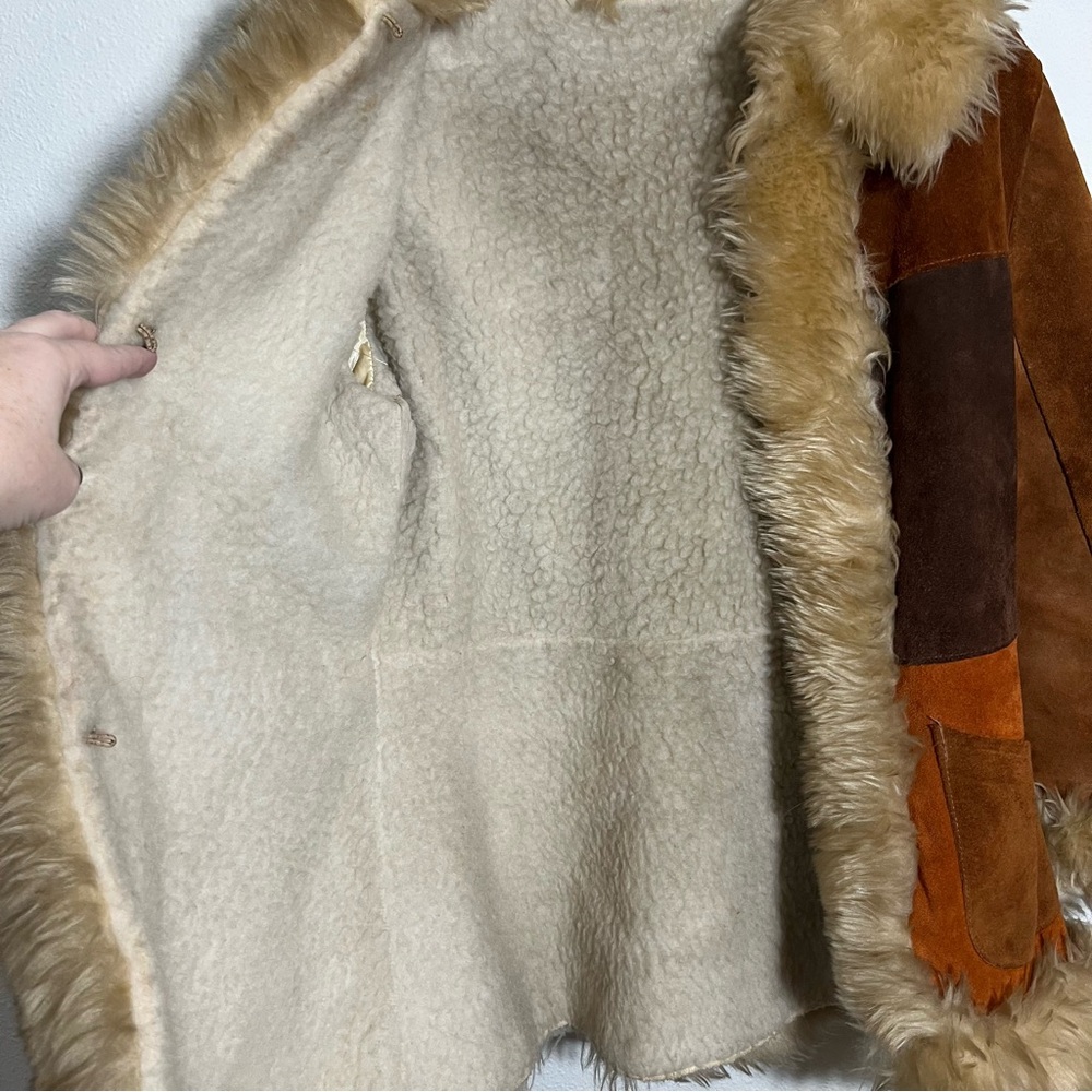 True vintage 70s Penny Lane patchwork suede Jacket Fur Trim coat sz S M as is - Picture 8 of 12